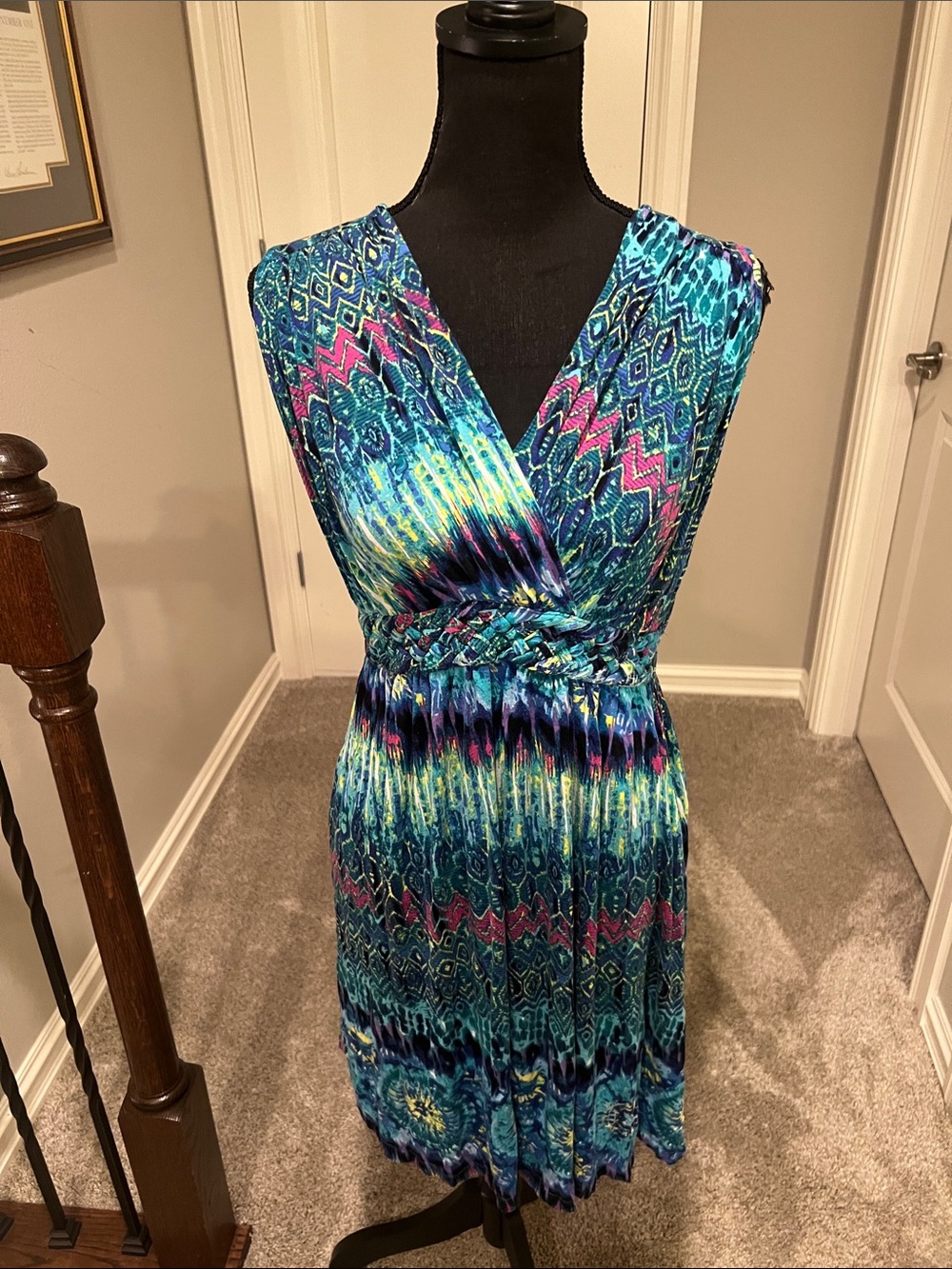Spense Teal, Navy & Pink Patterned Wrap-Style Mini Dress